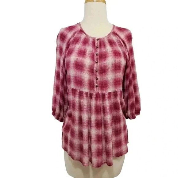 {Anthropologie} Maeve Calavon Peplum Top Burgundy Plaid - Picture 3 of 11